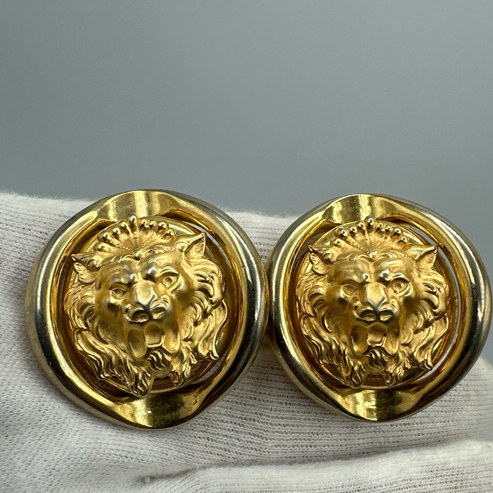 Vintage Gold Tone Statement Large Lion Head‎ Clip On Earrings #795